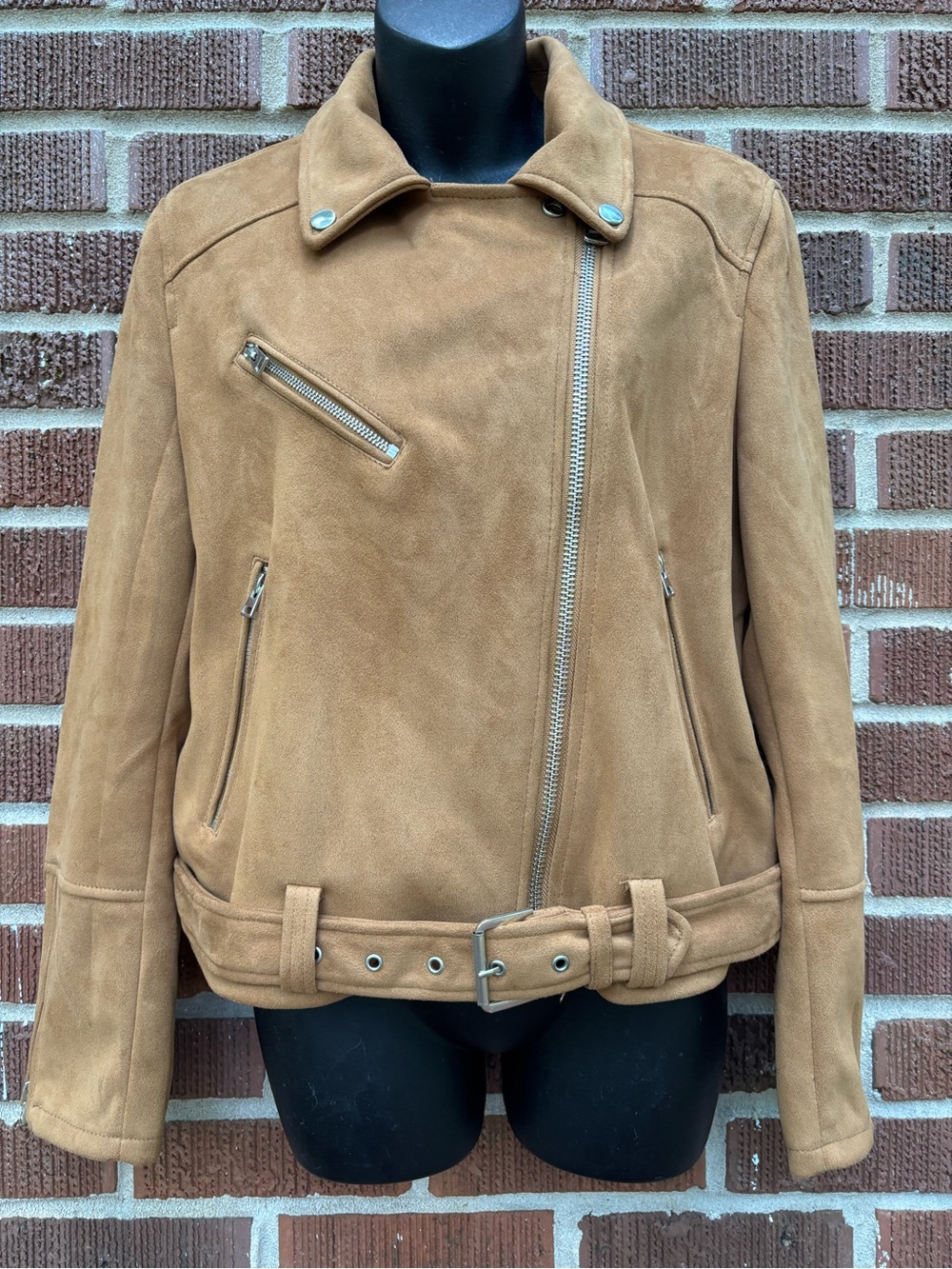 Topshop Women’s Sz 8 Faux leather metal zippers camel moto jacket - Picture 2 of 11